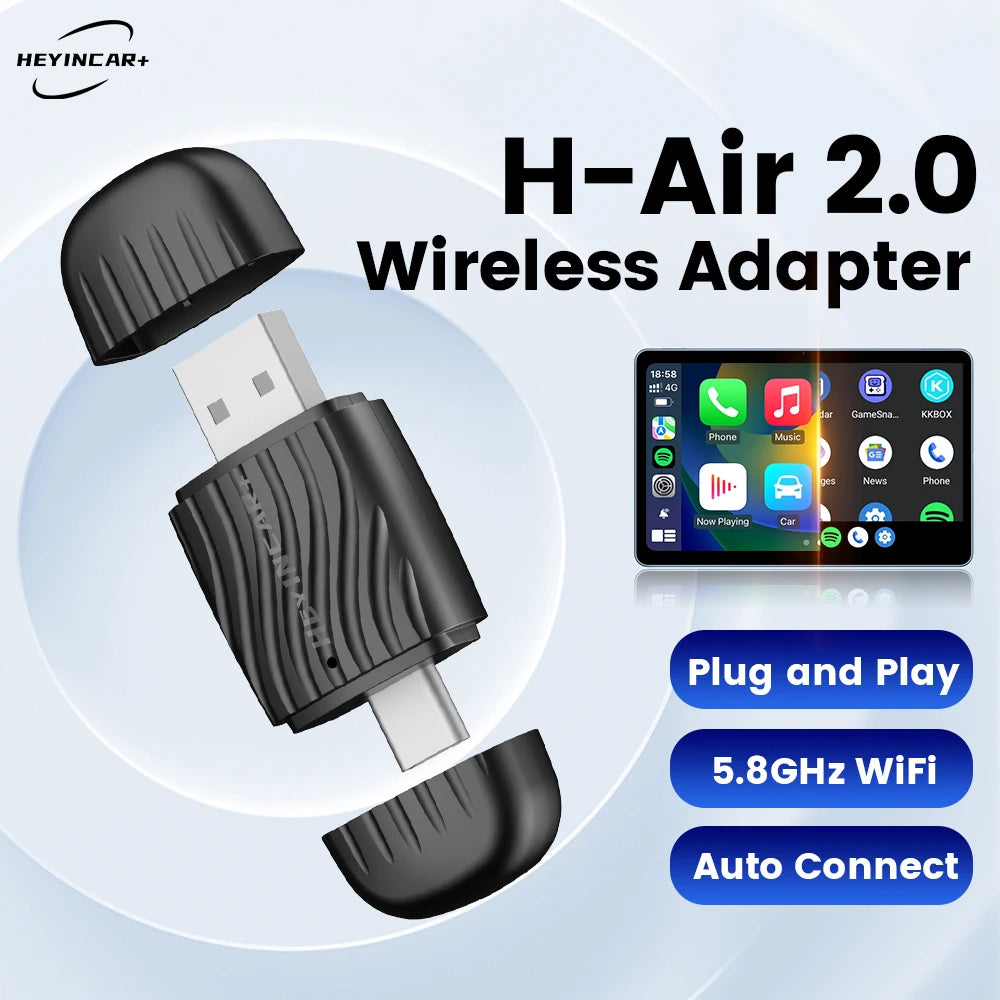 HEYINCAR 2 IN 1 Wireless Carplay Adapter, Converts Wired to Wireless CarPlay Adapter for iPhone, Wireless Control Plug & Play