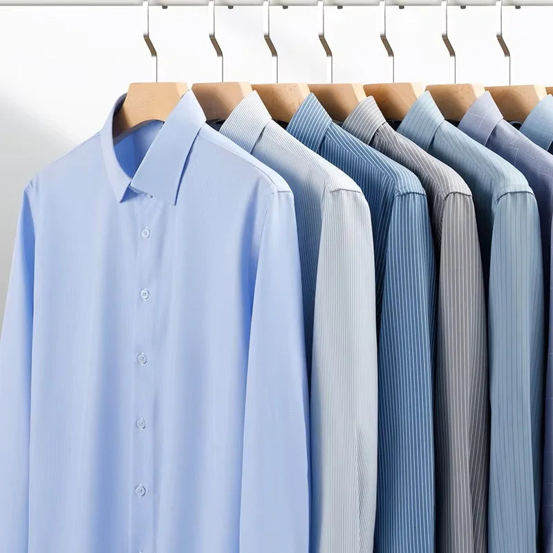 New Anti-Wrinkle Men Shirts Long Sleeves Dress Shirts For Men Slim Fit Camisa Social Business Blouse Plaid Striped Office Shirt