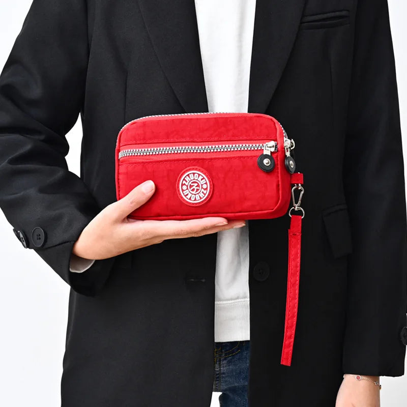2026 New Clutch Women's Bag Three-Layer Zipper Mini Nylon Cloth Solid Color Mobile Phone Bag Coin Purse