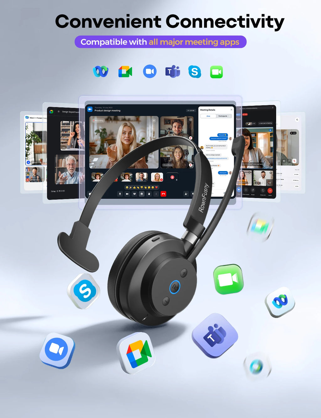 RownFusny Wireless Headset with Mic for Work Bluetooth & USB Dongle Computer Headset for Office/Home/CallCenter/Teams/Zoom/Skype