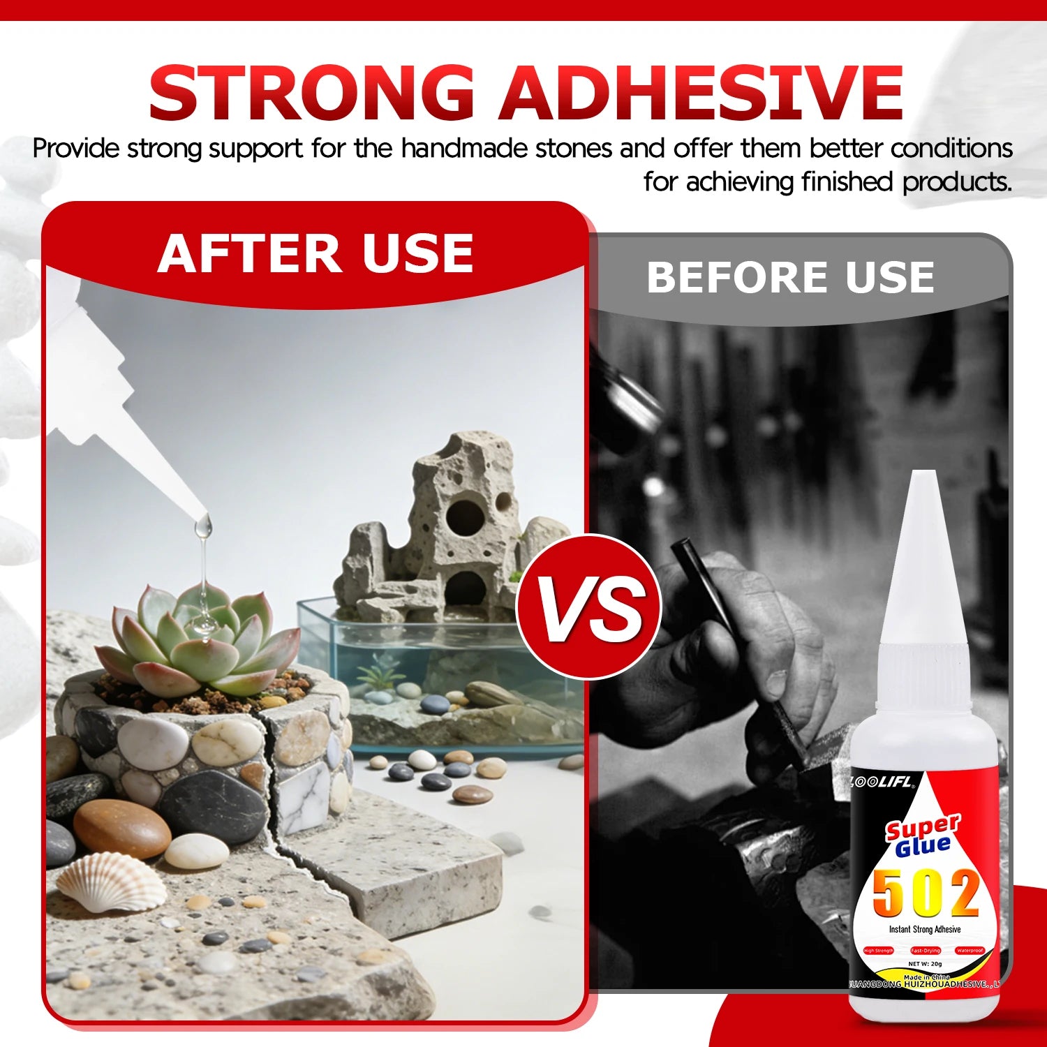 LOOLIFL 502 Super Glue Instant Strong Adhesive for Stone Marble Granite Rock Crafts Repair Quick Drying Clear Glue