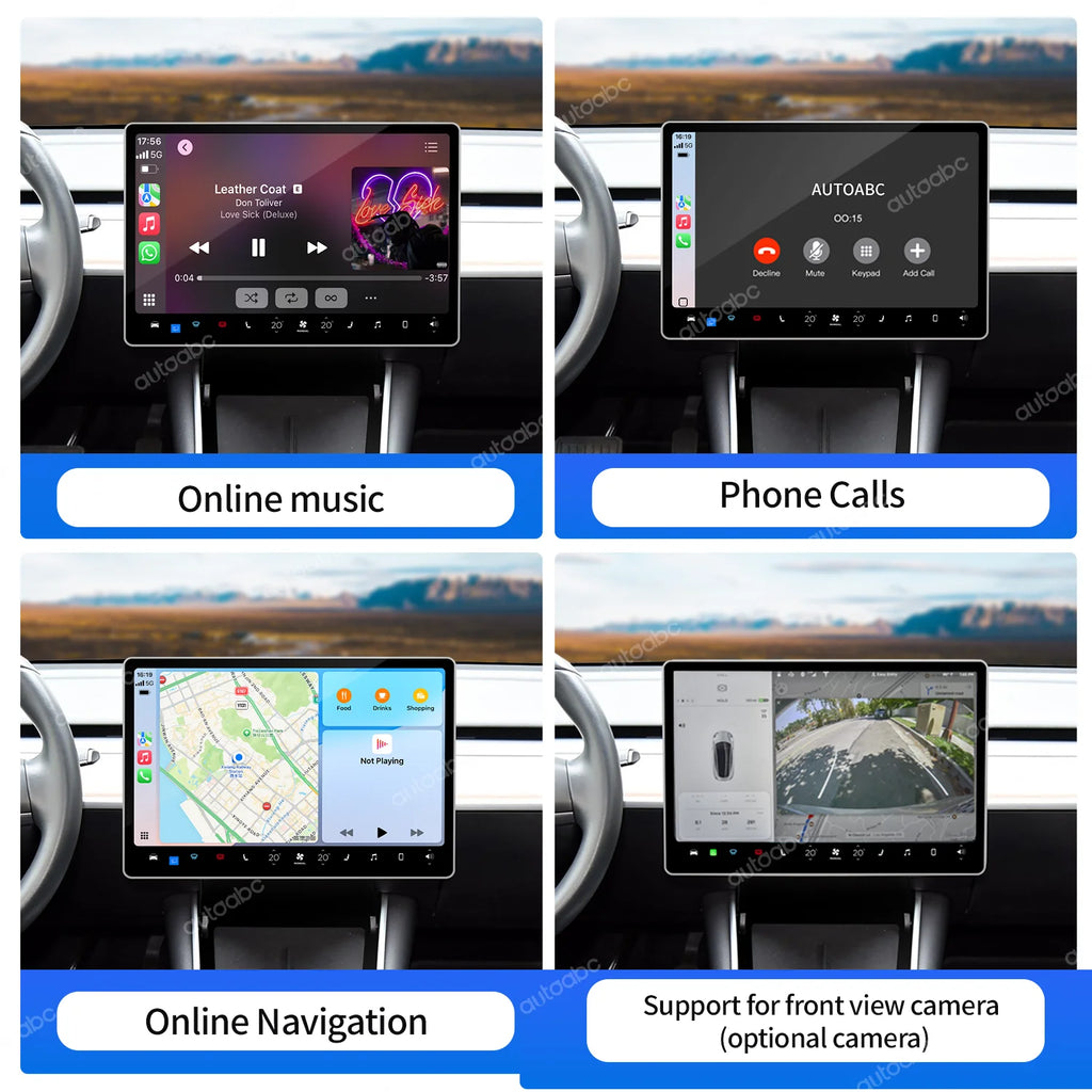 AUTOABC Wireless CarPlay Android Auto for Tesla Model 3 Model Y 2019-2024 Support for Aftermarket Cameras