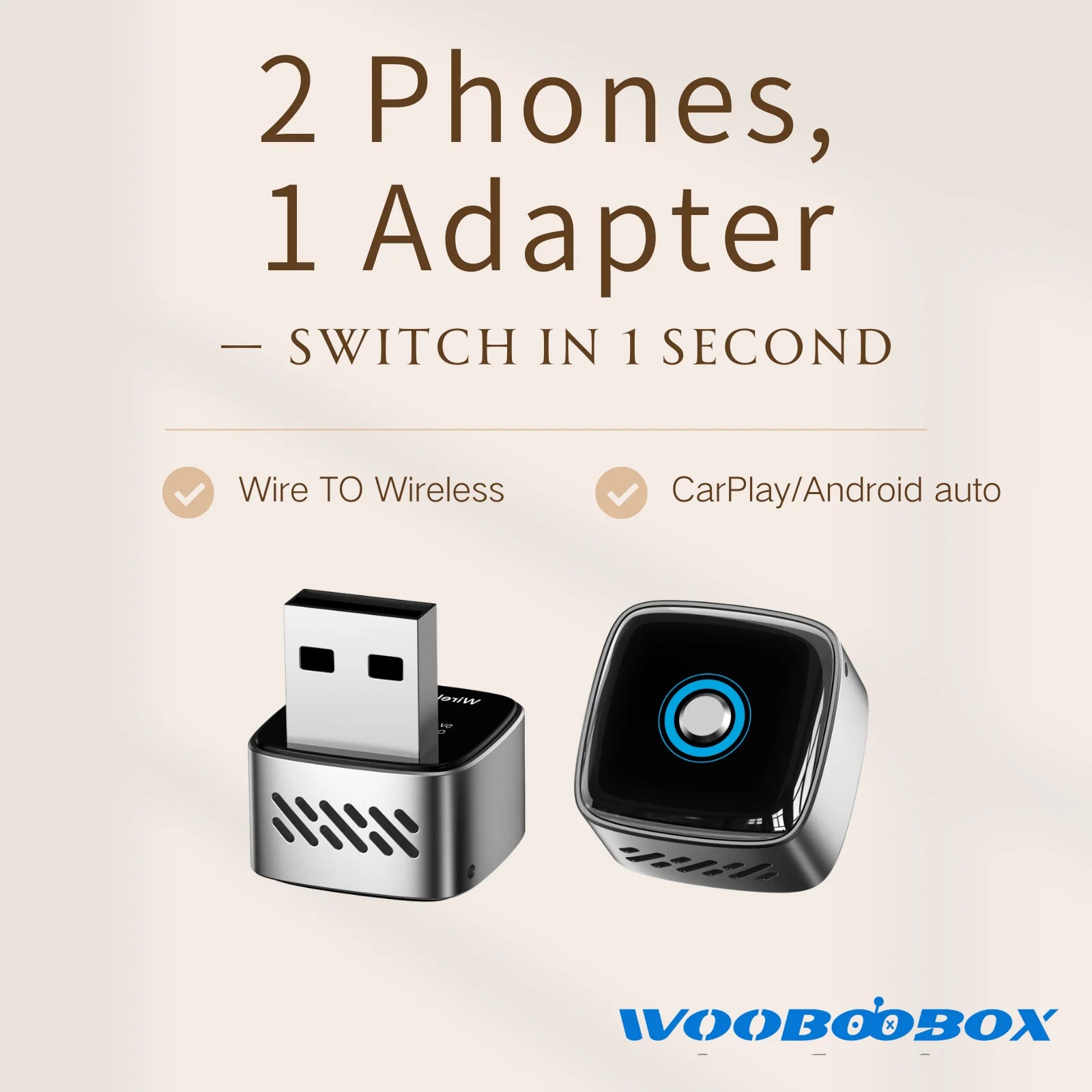Wooboobox Wireless CarPlay Adapter 2026, 2 Phones One-Tap Switch Alloy Body, 2in1 CarPlay Dongle for  iPhone Android Auto BOX