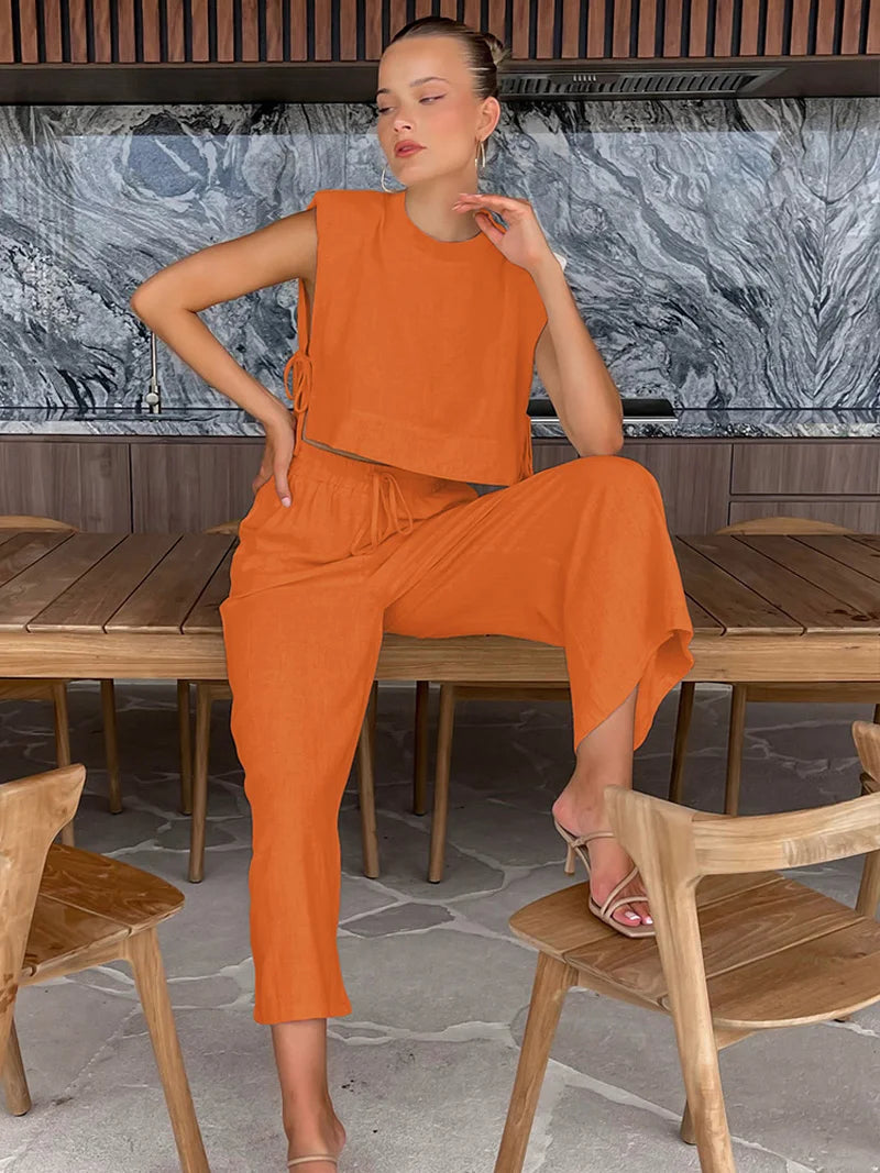 Spring Summer 2025 Women Holiday Linen Pant Set Crop Tops Solid Outfits 2 Two Piece Matching Set For Women
