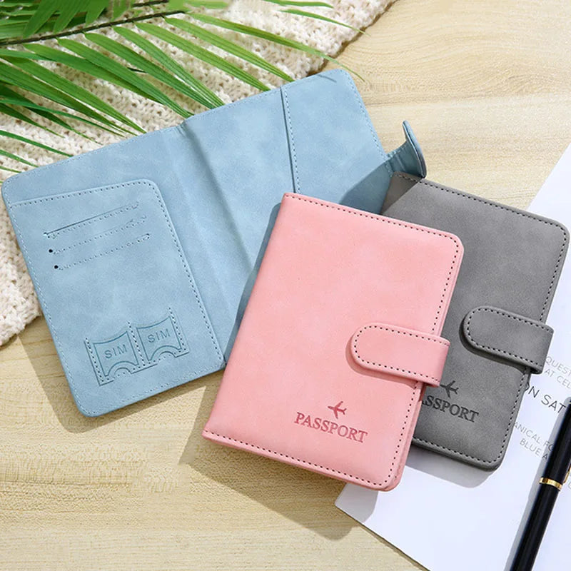 Soft PU Leather Multi Slot Passport Cover with Airplane Logo Snap Closure SIM Card Holder Travel ID Document Ticket Wallet