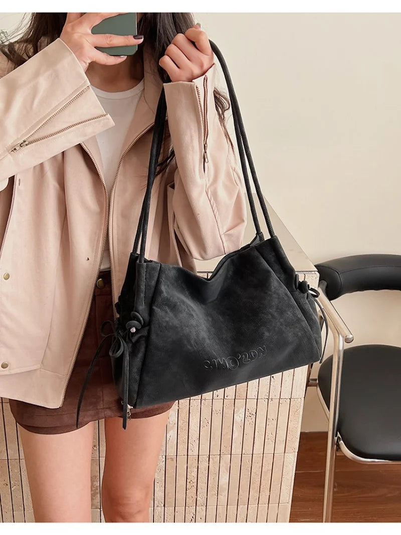 Soft Leather Drawstring Shoulder Bag, Minimalist Tote Purse with Embossed Lettering, Lightweight Daily Casual Use Clutch Bag