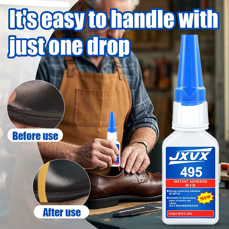495 Super Strong Shoe Adhesive 20g(0.7oz), Fast-Drying Clear Cyanoacrylate Adhesive DIY Repairing Adhesive Universal Waterproof Shoe Sealers for Sneakers Boot Leather Fast Repair Glue With precision dispenser.