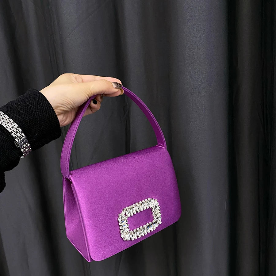 Luxury Diamond Square Button Women's Evening Bag Party Clutch Purses Satin Rhinestone Small Square Bag Chains Shoulder Bag Bolsa