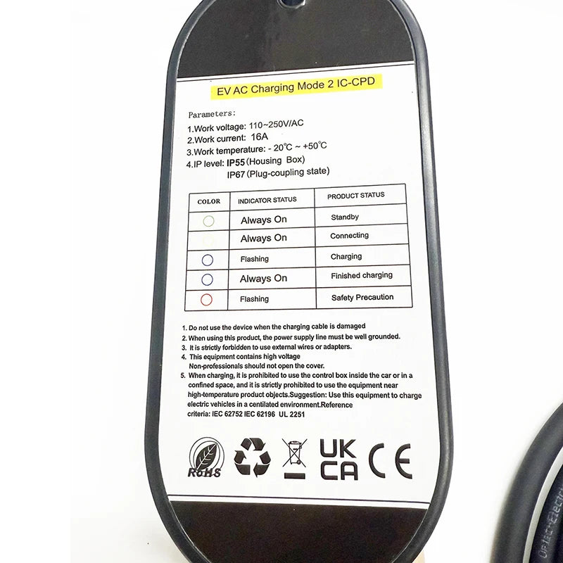 16A 3.5kW EV Charger Type2 Type 2 Portable Charging Box 3.5M/5M Cable Socket Adapter for Electric Vehicle Car Charger IEC 62196