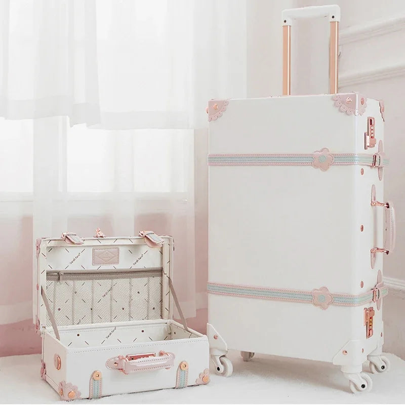 20 "22" 24 "26  Retro Travel Suitcase PU Leather Luggage Set With Wheels Rolling Trolley Case Pink Big Capacity Portable Valise