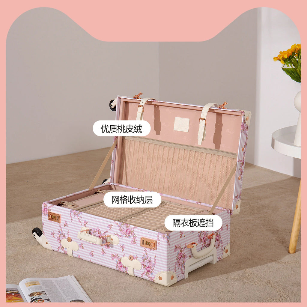 New Vintage Travel Suitcase Women Set Handbag Boarding Trolley Luggage Universal Wheel Fresh Floral Fashion Bag 20/22/24/26 Inch