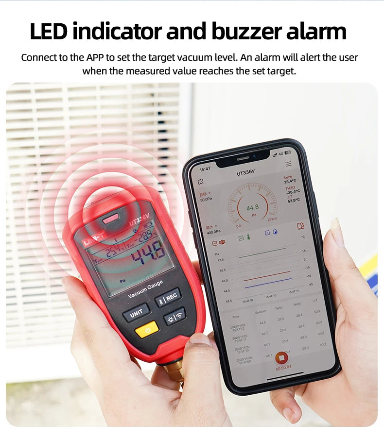  Professional UT336V Wireless Vacuum Gauge With LED Alarm IP54 Waterproof 8000 Data Storage for HVAC Refrigeration APP Alarm