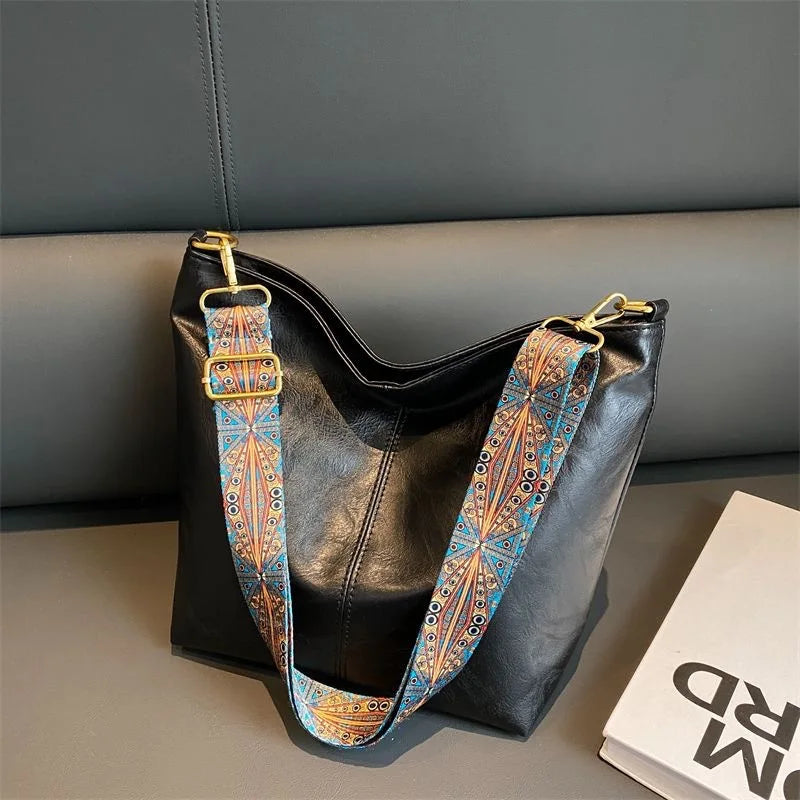 Women Vintage PU Leather Shoulder Bag Large Capacity Hobo Tote Wide Strap Casual Crossbody Purse Daily Handbag Quality