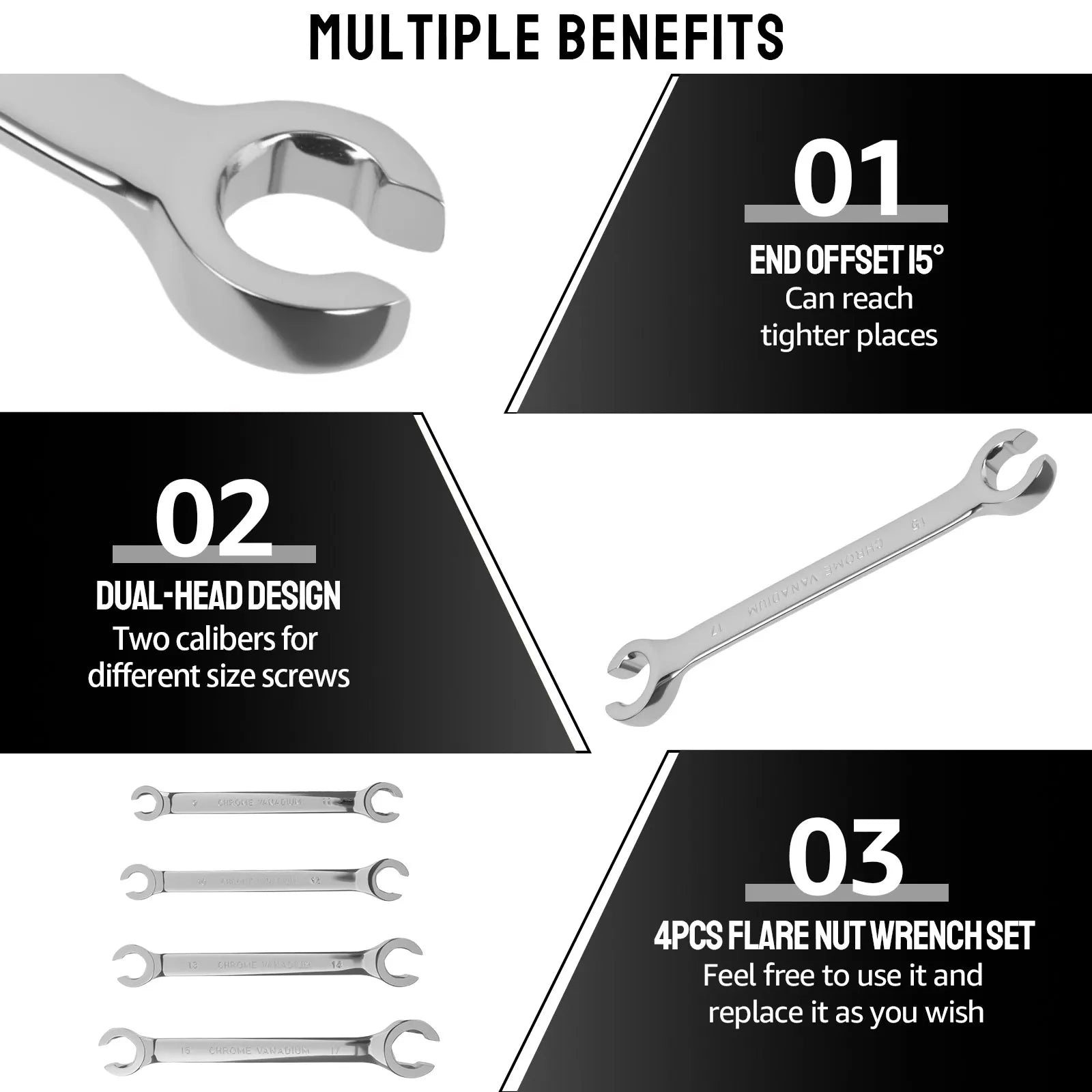 4Pcs Flare Nut Wrench Set Double End Metric 9 10 11 12 13 14 15 17mm Mirror Polished Surface Robust Etch Resistant for Machinery