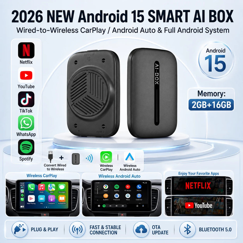 Android 15 CarPlay AI Box Wired to Wireless CarPlay Android Auto Adapter Support Netflix YouTube Plug and Play For VW Toyota
