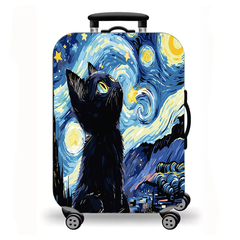 Luggage Cover, Starry Night Cat Cartoon Fantasy Print Stretch Suitcase Protector, Washable Anti-Scratch Travel Baggage Cover