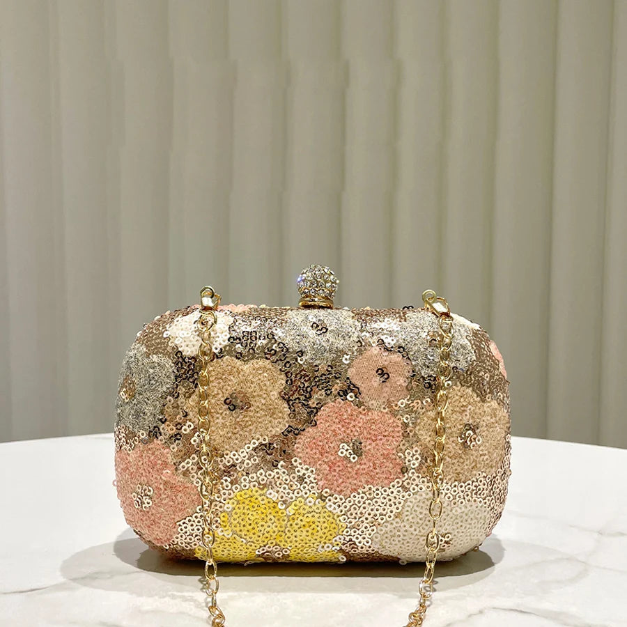 New Handbag Women's Sequin Flower Hand-Held Cross-Body Clutch Purse Cheongsam Chains Small Box Bag Gold Bag Evening Bag Bolsa