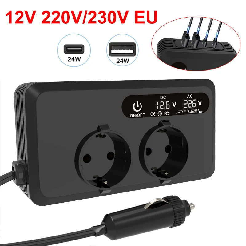 Car Inverter 200W DC 12V to AC 220V 230V Car Inverter Converter Auto Power Adapter USB Type C EU Universal Socket Power Adapter