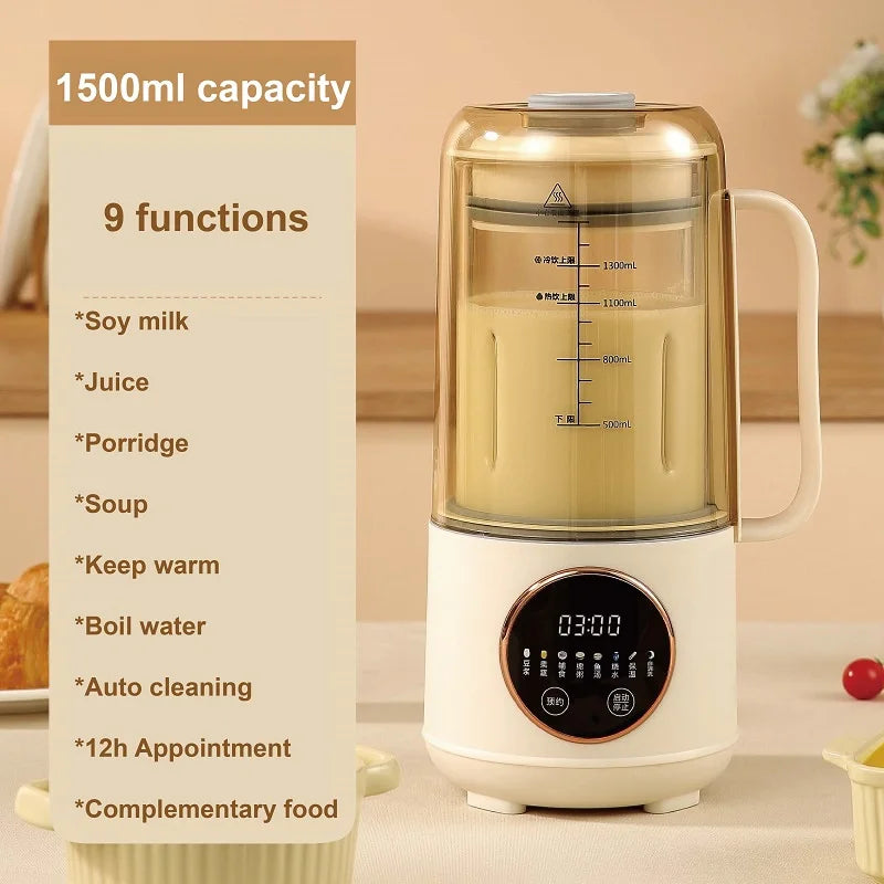 1.5L Soy Milk Machine Multifunctional Wall Breaker Appointment Auto Rice Paste Machine 8-Blade Knife Blender Home Electric Juice
