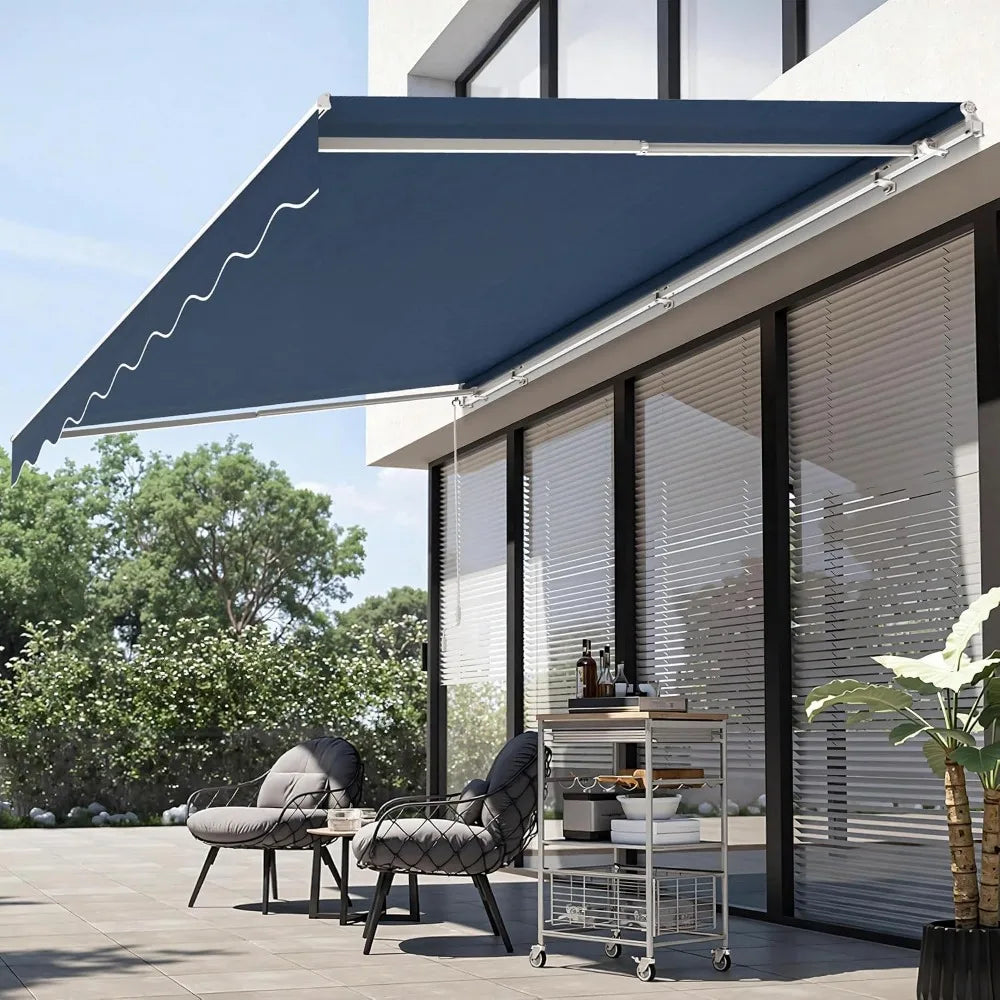 9.9x7.8FT Manual Retractable Patio Awning Sunshade Canopy Dark Blue