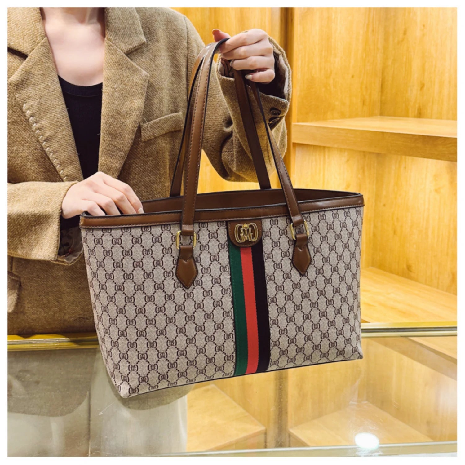 New Women's Luxury Coffee Floral Handbag with Red Green Striped Design Soft Leather Large Capacity Underarm Bag Fashionable