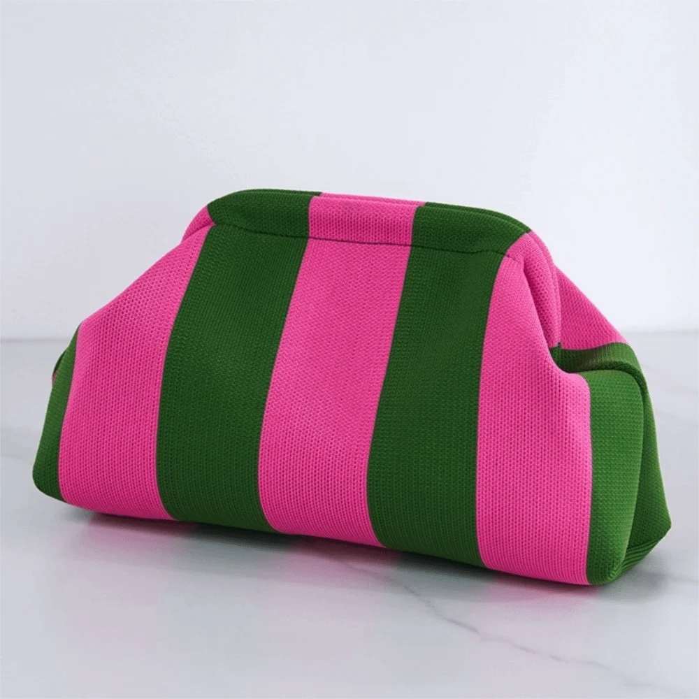 Elegant Woven Crochet Purses Large Capacity Striped Pattern Beach Clutch Handbags Woven Texture Colorblock Design