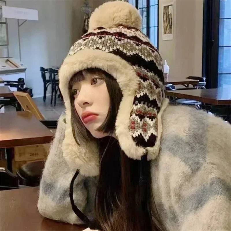Winter Hat Women Warm Bomber  With Earflap Brand Cute Pom Fuzzy Peruvian  Ear-flapped
