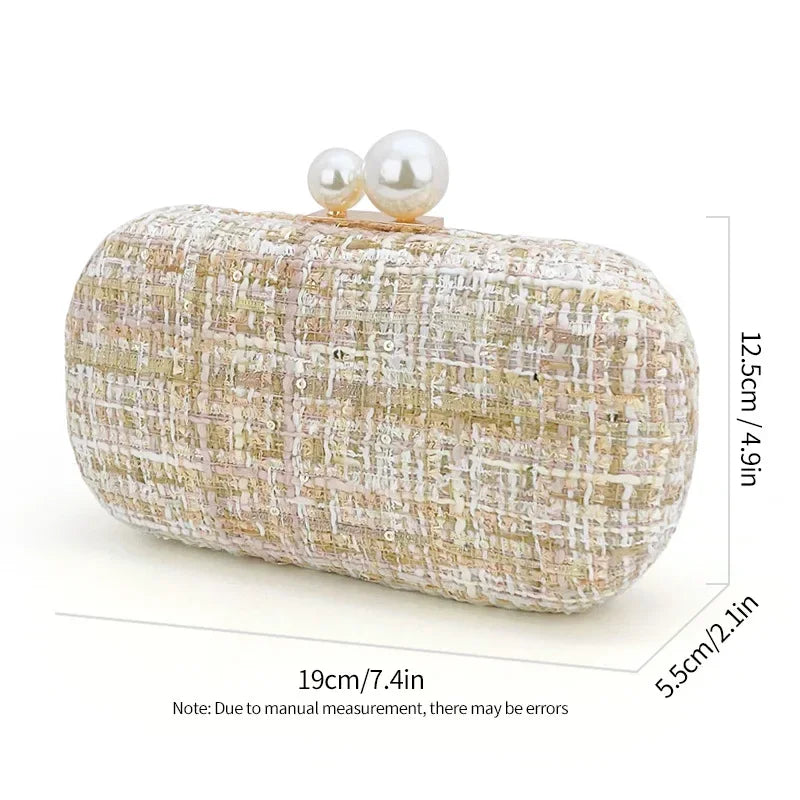 Sequin Tweed Evening Bag Faux Pearl Clutch Purse Plaid Pattern Handbags for Wedding Party Prom Small Shoulder Crossbody Bags