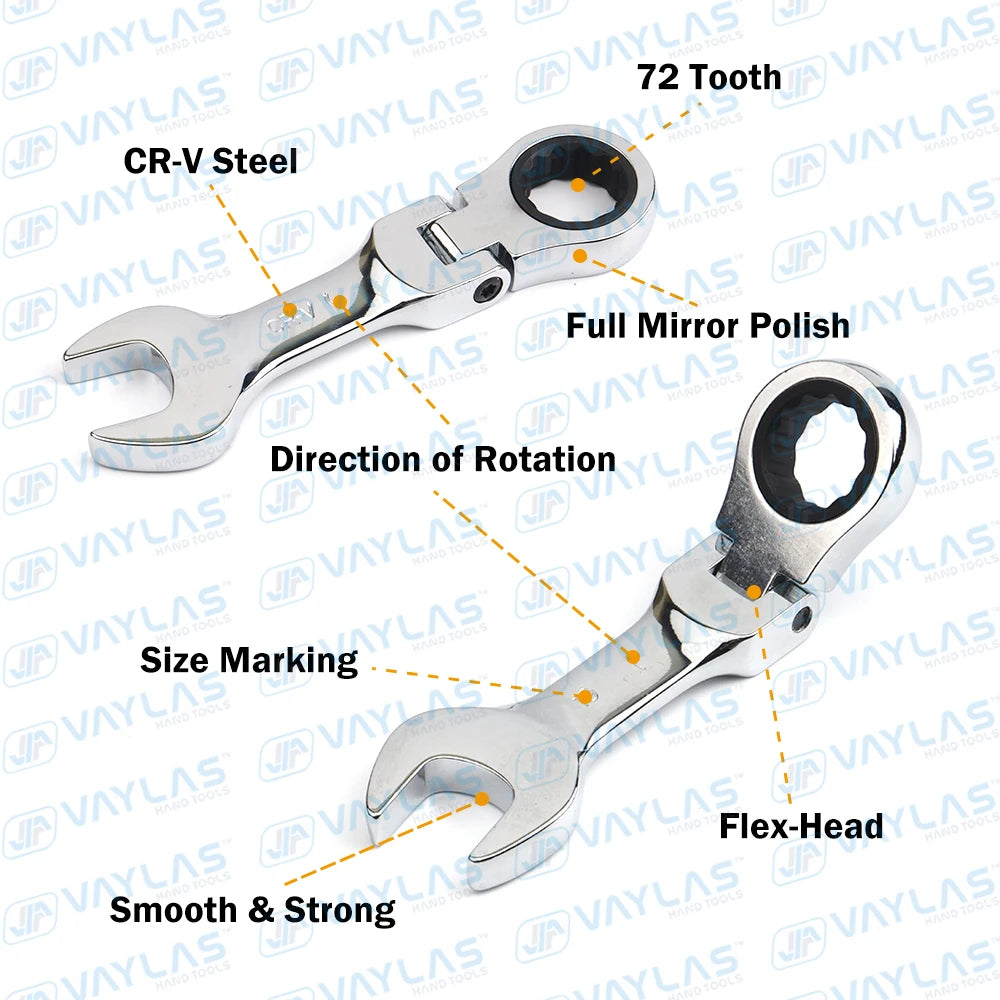 1pc 6-19mm Mini Ratchet Wrench Tool Ultra-short Key Fixed Flex-Head Ratcheting Wrench Stubby Combination Wrench 72T CR-V Steel