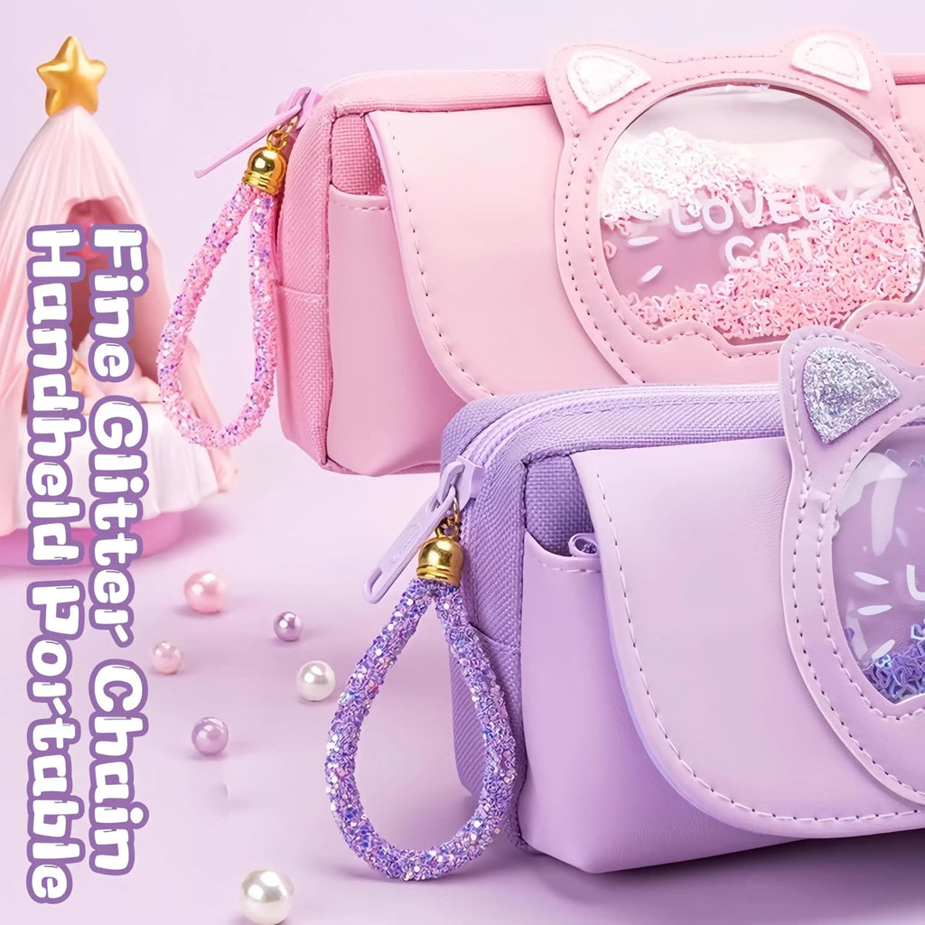 Cute Cat Head Quicksand Pencil Case Exquisite Large Capacity Three-Layer Classification Storage Bag with Handle Purple Pink Blue