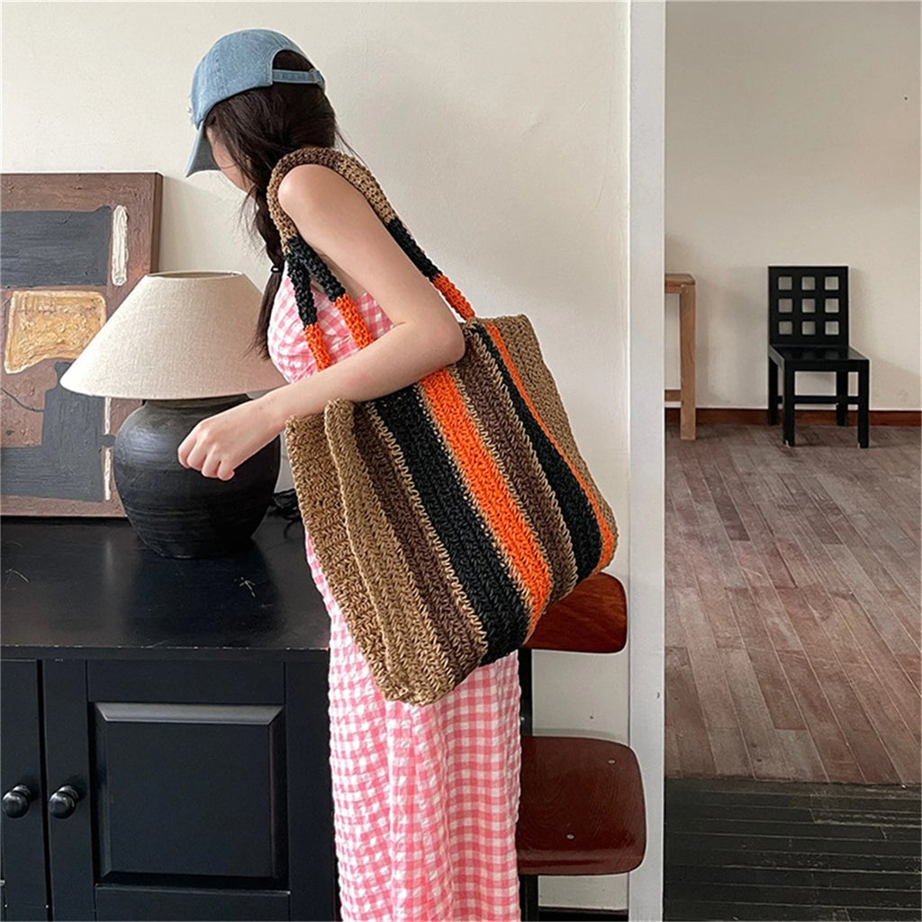 Retro Striped Weave Large Capacity Shoulder Bag Open Top Straw Basket Vacation Beach Bag for Men And Women Casual Daily Use