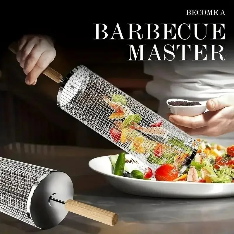 1pcs Outdoor Camping BBQ  Round Cylinder Grill Basket Stainless Steel Rolling Mesh Rack for Barbecue Food Cooking