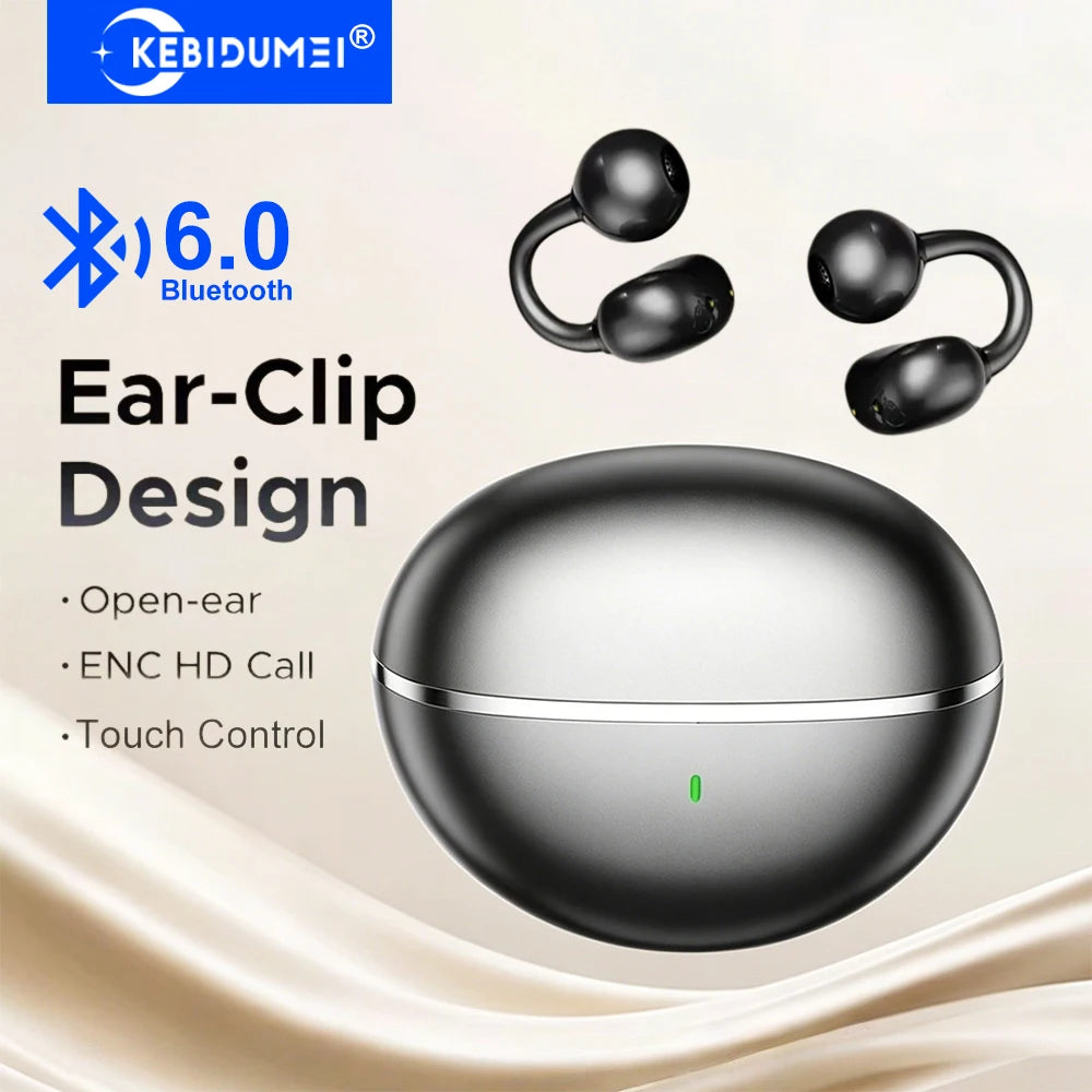 KEBIDUMEI Open Ear Bluetooth 6.0 Earphones Ear Clip Wireless Earbuds Sports Noise Reduction Headphones HD Call Gaming Headsets