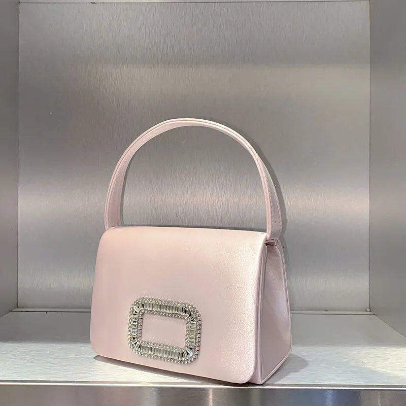 Luxury Diamond Square Button Women's Evening Bag Party Clutch Purses Satin Rhinestone Small Square Bag Chains Shoulder Bag Bolsa