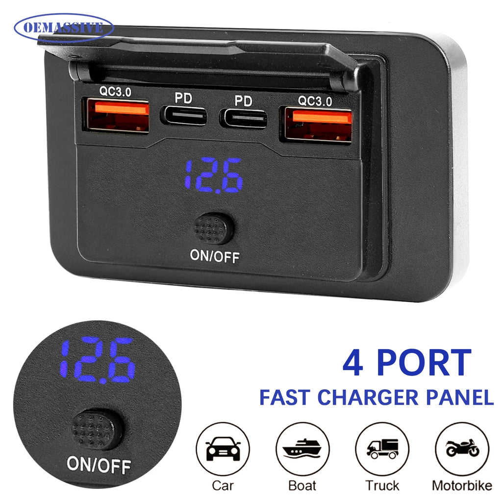 12V/24V Car Dual USB PD Port Charger Power Adapter PD QC3.0 Car Charger Socket Mobile Phone Charging Outlet Panel Universal