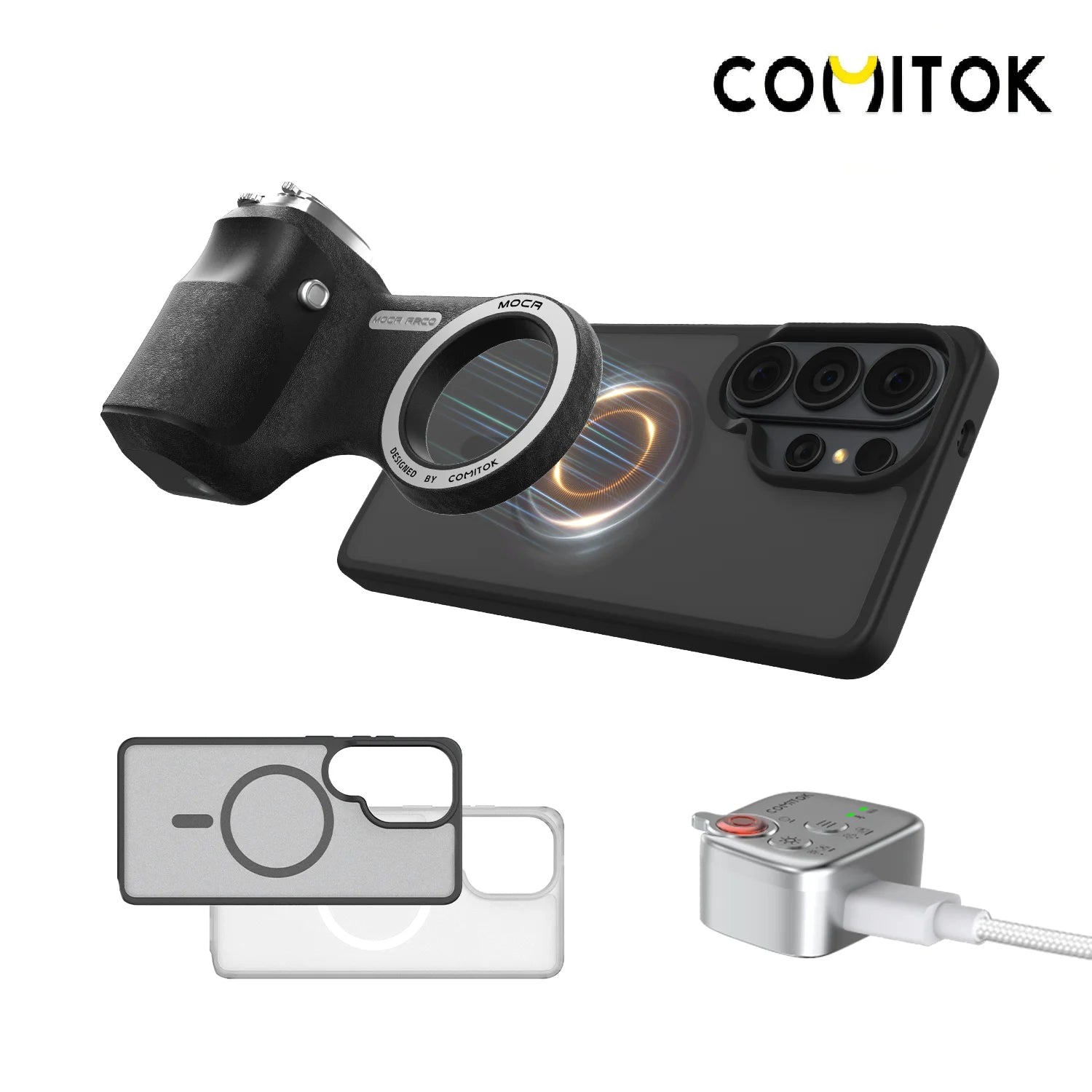 COMITOK MOCA ARCO Magnetic Camera Grip for Galaxy S26 Ultra Detachable Remote Handle with Matching Case for Vlog Video Selfie