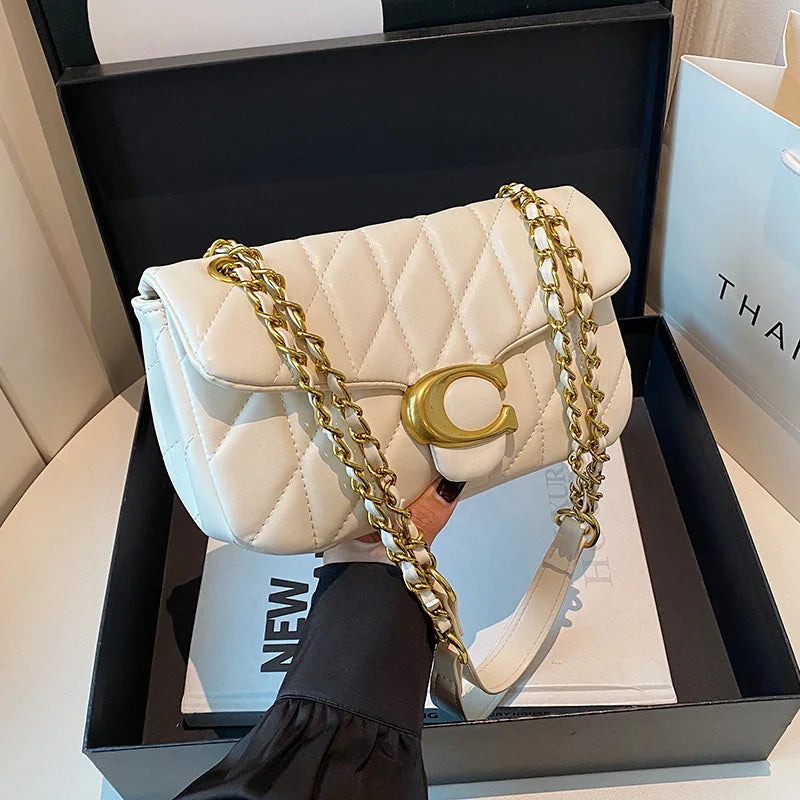 Women Quilted Leather Shoulder Bag Luxury C Logo Gold Chain Crossbody Bag Designer Small Flap Handbag Vintage Black Evening Clut