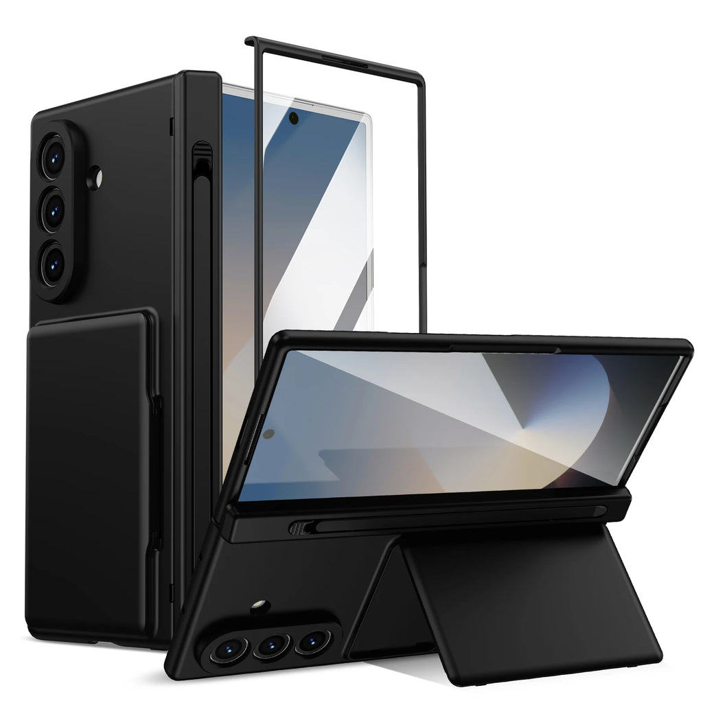 Hinge Wallet Card Slot Bracket Phone Case for Samsung Galaxy Z Fold 5 6 7 8Ultra with Screen Glass Protect Film S Pen Slot Cover
