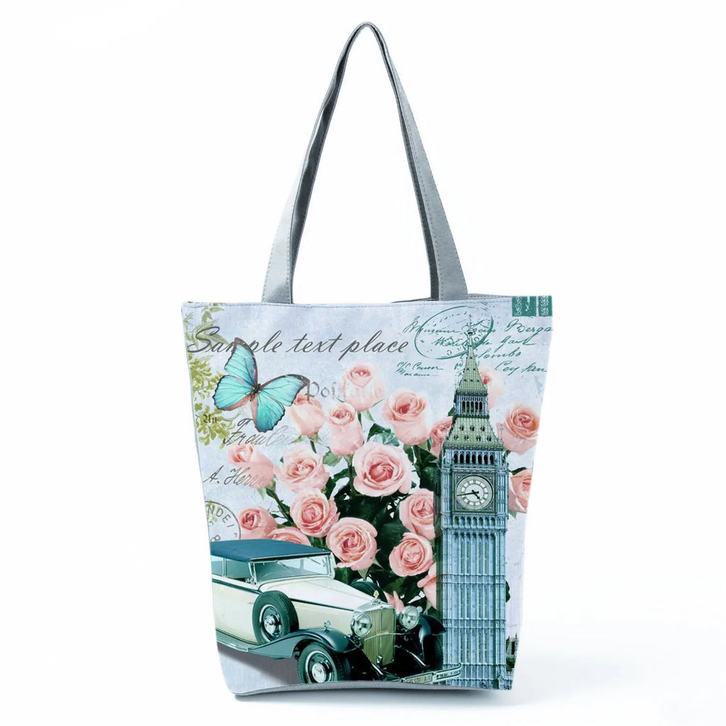 Floral Eiffel Tower Print Tote Bag Paris Landscape Shoulder Bag Fashion Pretty Handbags High Capacity Shopping Bag Eco Beach Bag