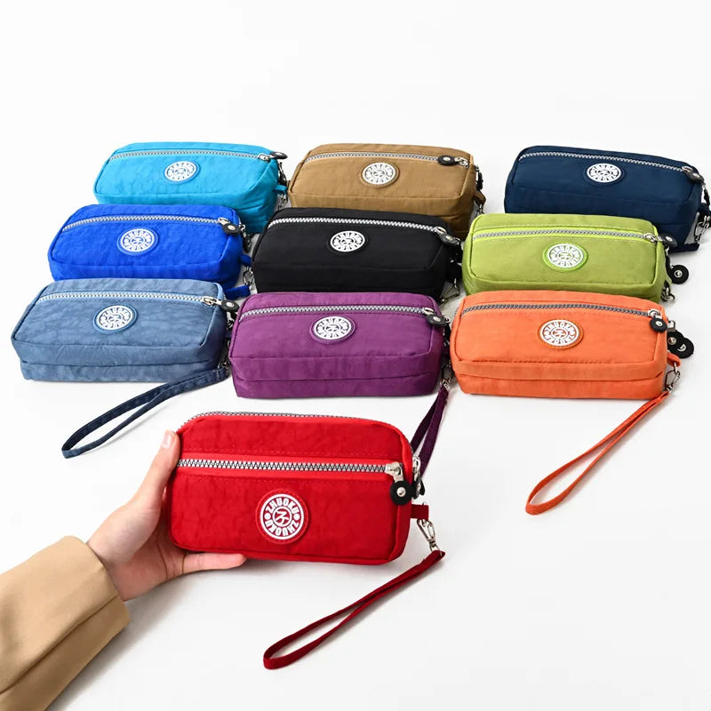 2026 New Clutch Women's Bag Three-Layer Zipper Mini Nylon Cloth Solid Color Mobile Phone Bag Coin Purse