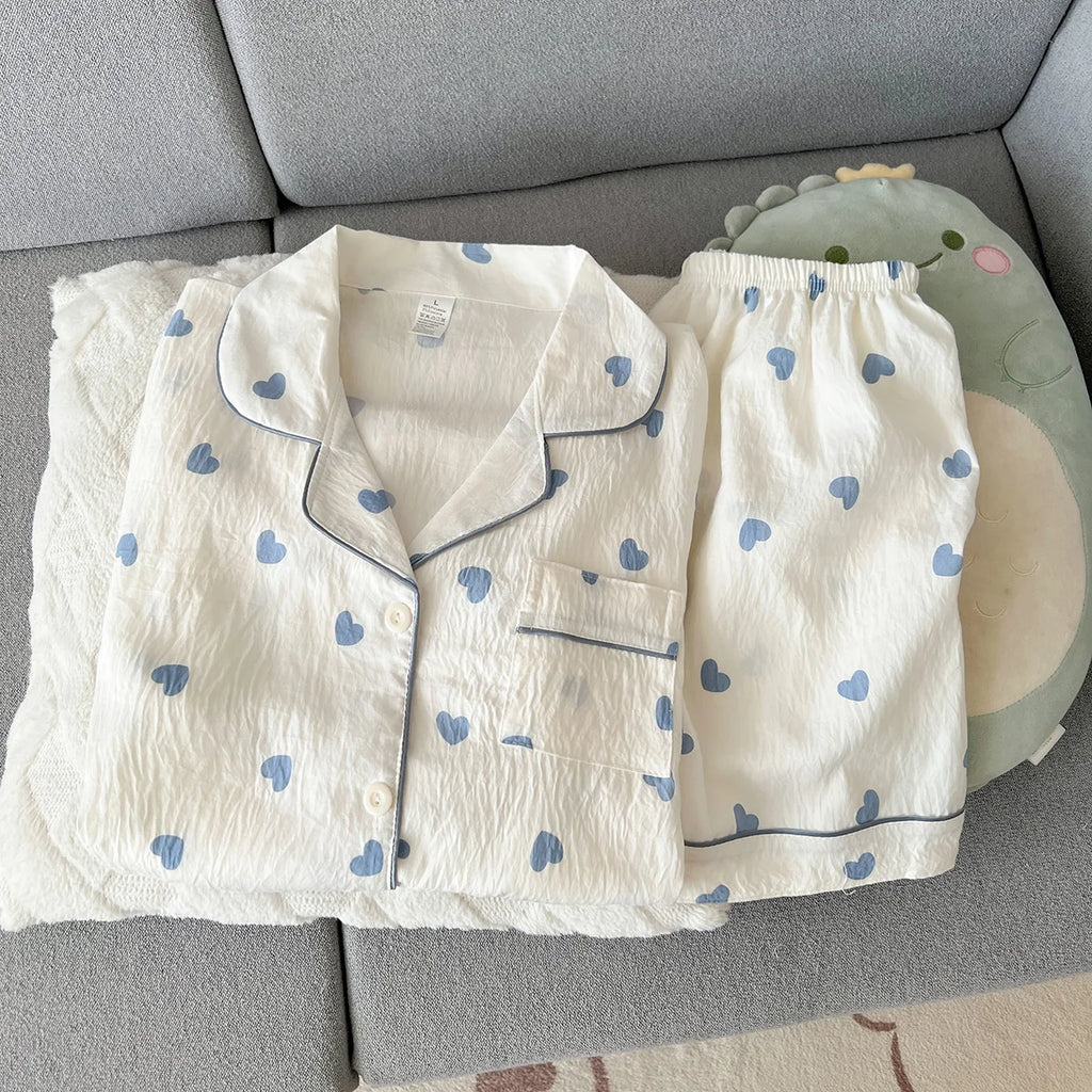 Women's Summer Thin Pajamas with Heart-Shaped Pattern, Short-Sleeved Shorts, Sweet and Cute, Can Be Worn Outside in Summer, Two-Piece Home Wear Set