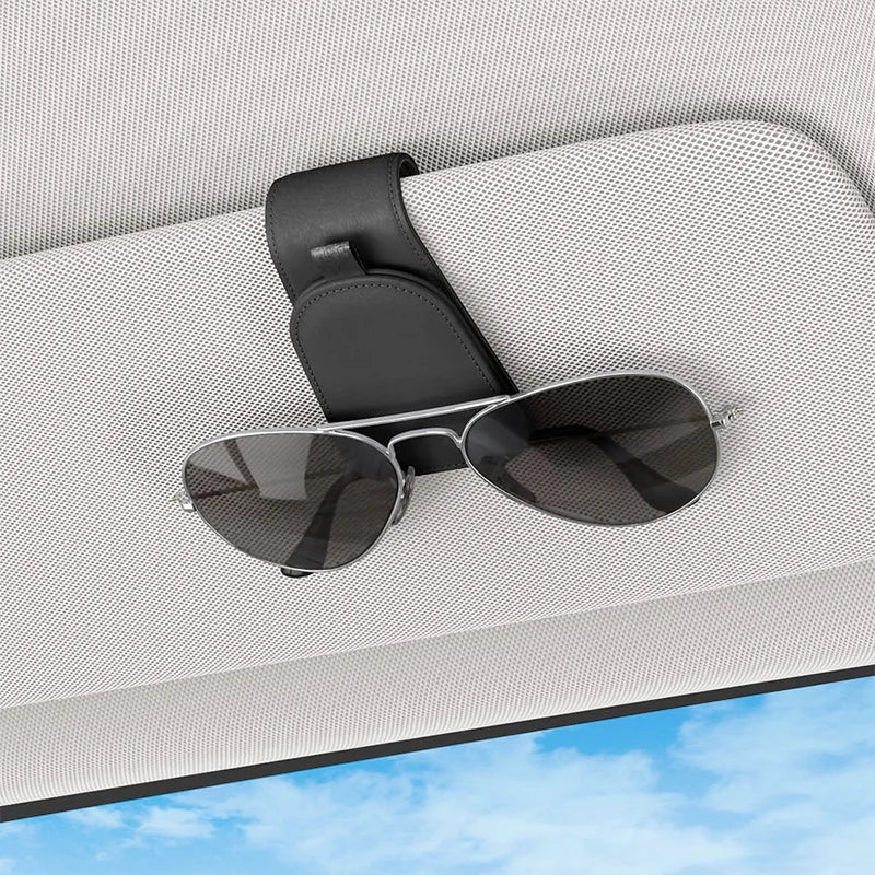 Premium Car Sun Visor Sunglasses Holder Leather Glasses Case Auto Interior Organizer Ticket Card Clip One-Hand Operation Mount