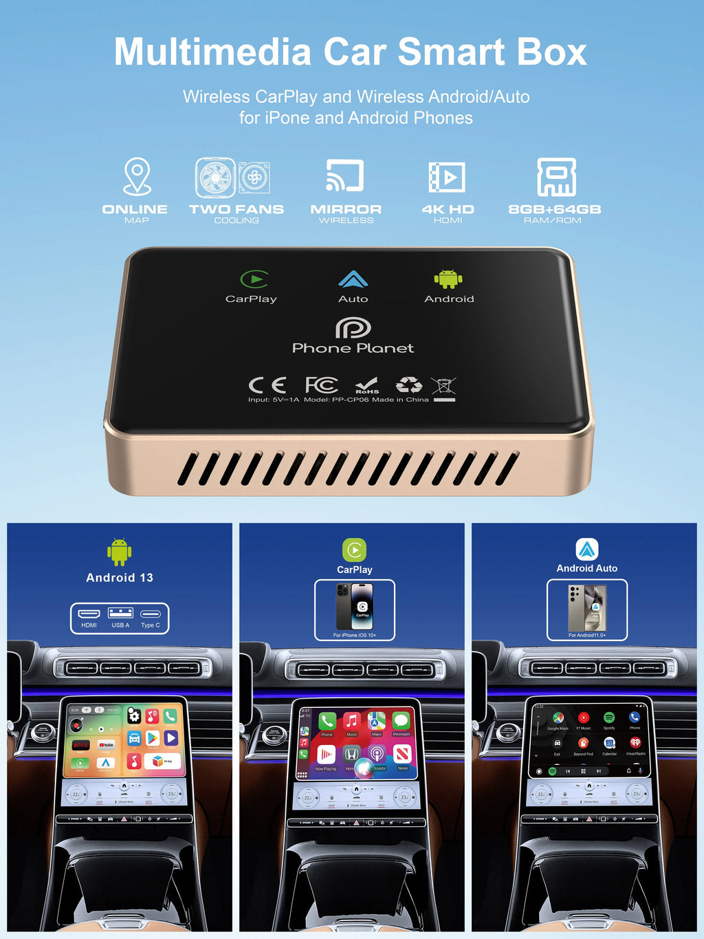 8G+64G CarlinKit CarPlay AI Box Android 13.0 Wireless CarPlay Adapter 2.4+5G GPS FOTA For Netflix YouTube Play Store