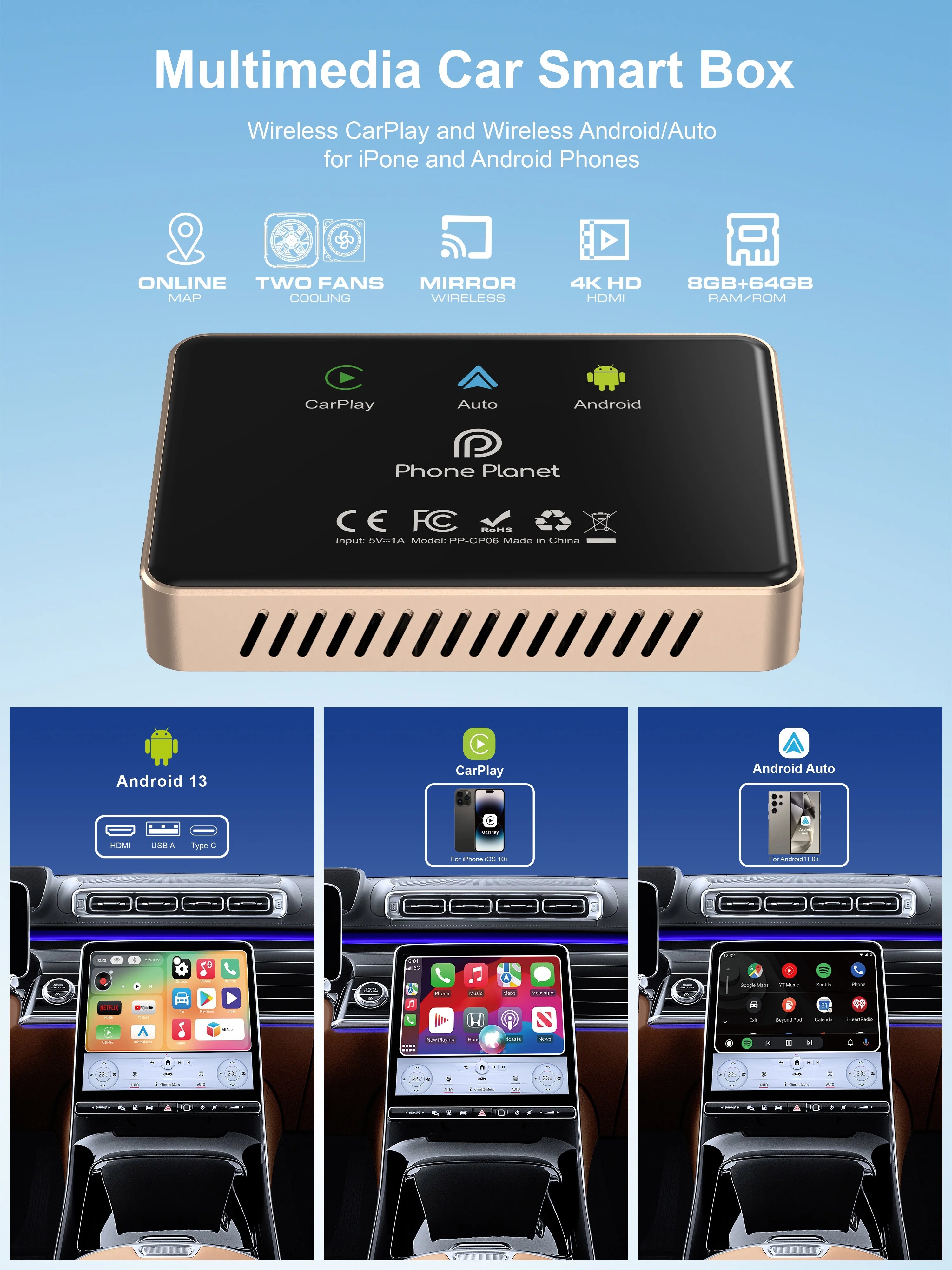8G+64G CarlinKit CarPlay AI Box Android 13.0 Wireless CarPlay Adapter 2.4+5G GPS FOTA For Netflix YouTube Play Store