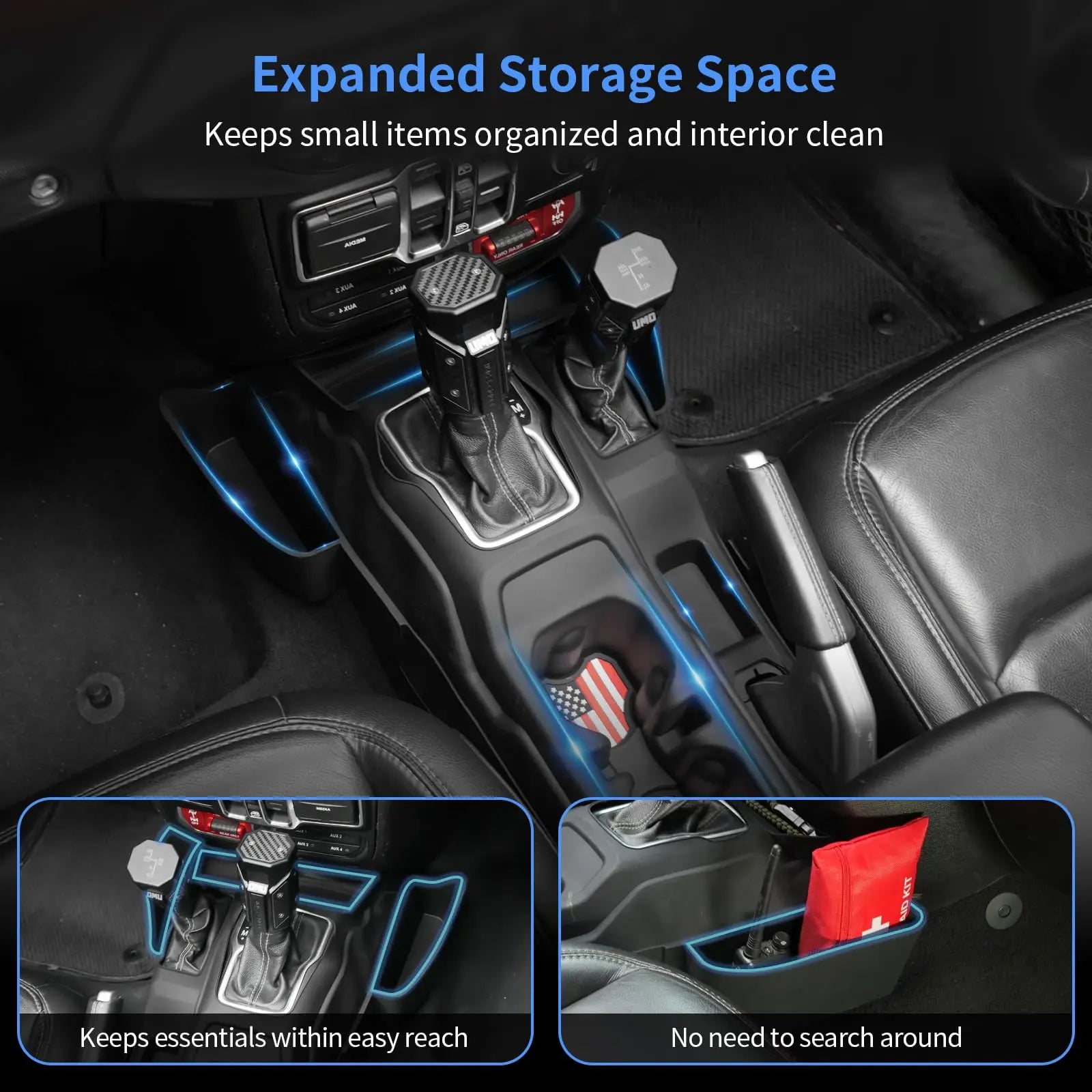 Center Console Organizer Gear Shift Side Storage Pocket Tray & Cup Holder For Jeep Wrangler JL JLU & Gladiator JT 2018 - 2025
