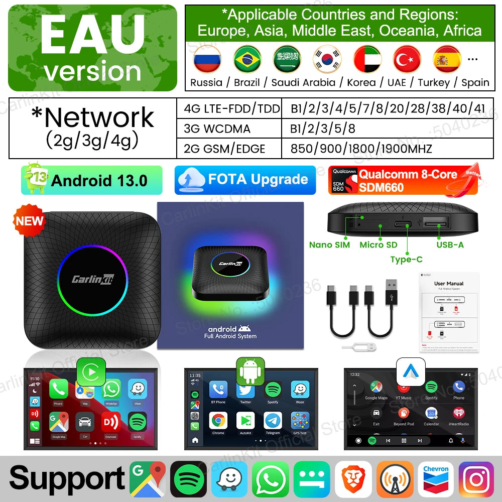 2026 CarlinKit CarPlay AI Box Android 13.0 SM6225 8-Cores Android Auto Wireless CarPlay Adapter 2.4+5GGPS 64G 128G FOTA Upgrade
