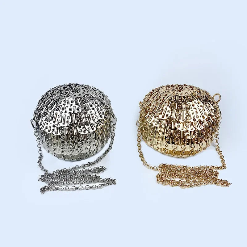 Luxury Design Gold Silver Metal Sequins Round Evening Bag Fashion Dress Party Wedding Clutch Bag Women's Hand Woven Circle Bag