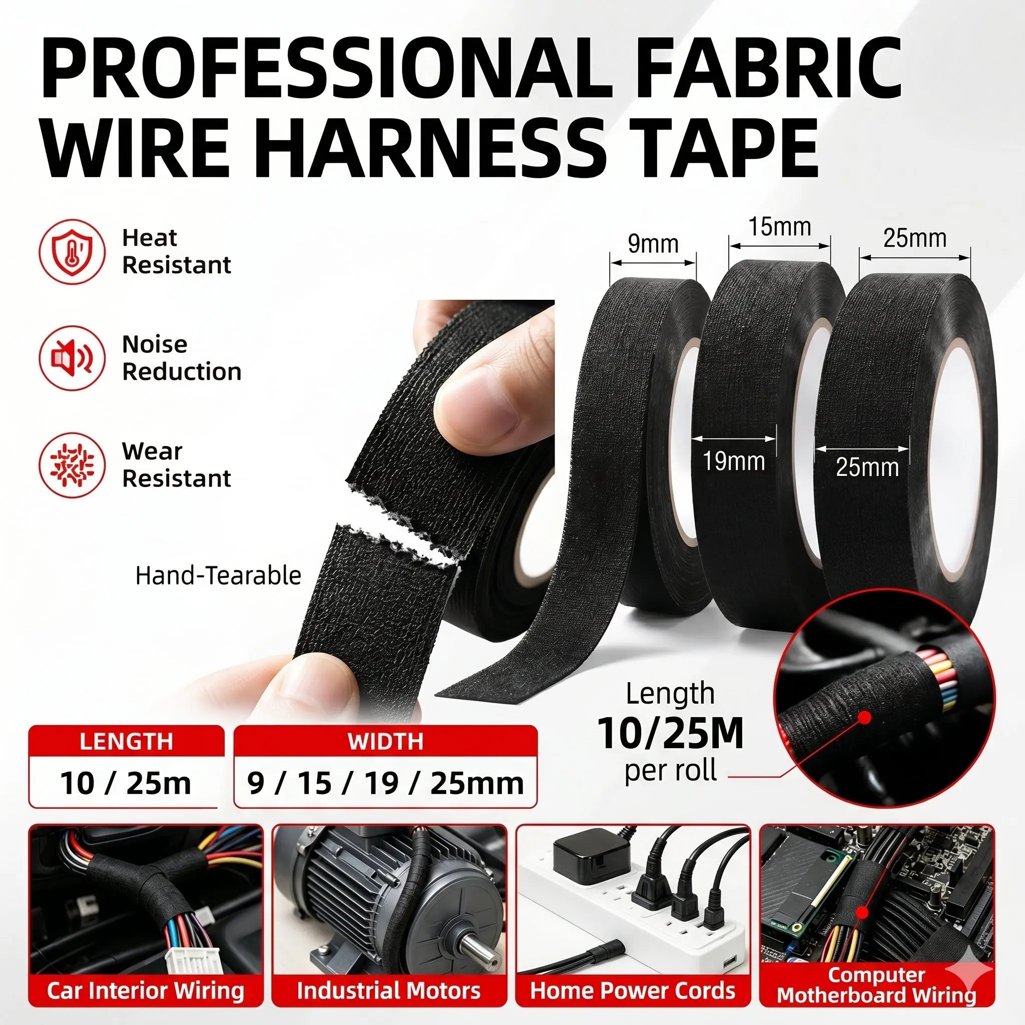 10/25M Heat Resistant Flame Retardant Cloth Tape Adhesive Wire Harness Loom Automotive Cable Wiring Protection Coroplast