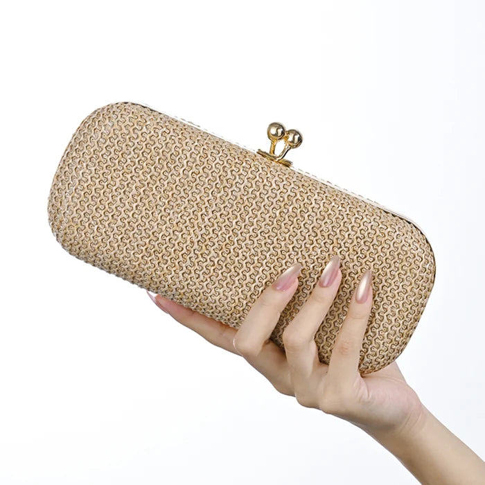 Elegant Woven Clutch Bag for Women Metal Buckle Party Dinner Beach Handbag Polyester Pure Color Fashionable round Box Shape