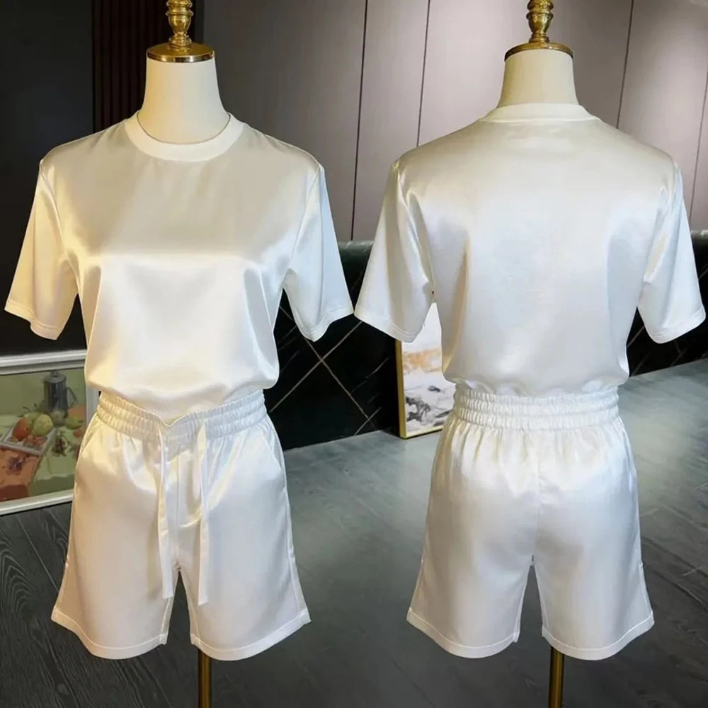 Mens Acetate Fiber Satin Casual T-Shirt Shorts Two-Piece Sets Daily Outdoor Simple Hip-Hop Plain Sets Men'S Clothing 2026 New